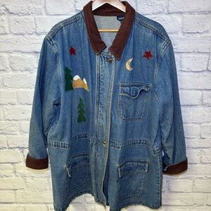 Baccini Womens Denim Jacket 2XL Embroidered Birdhouses Vintage Barn Jacket Moon